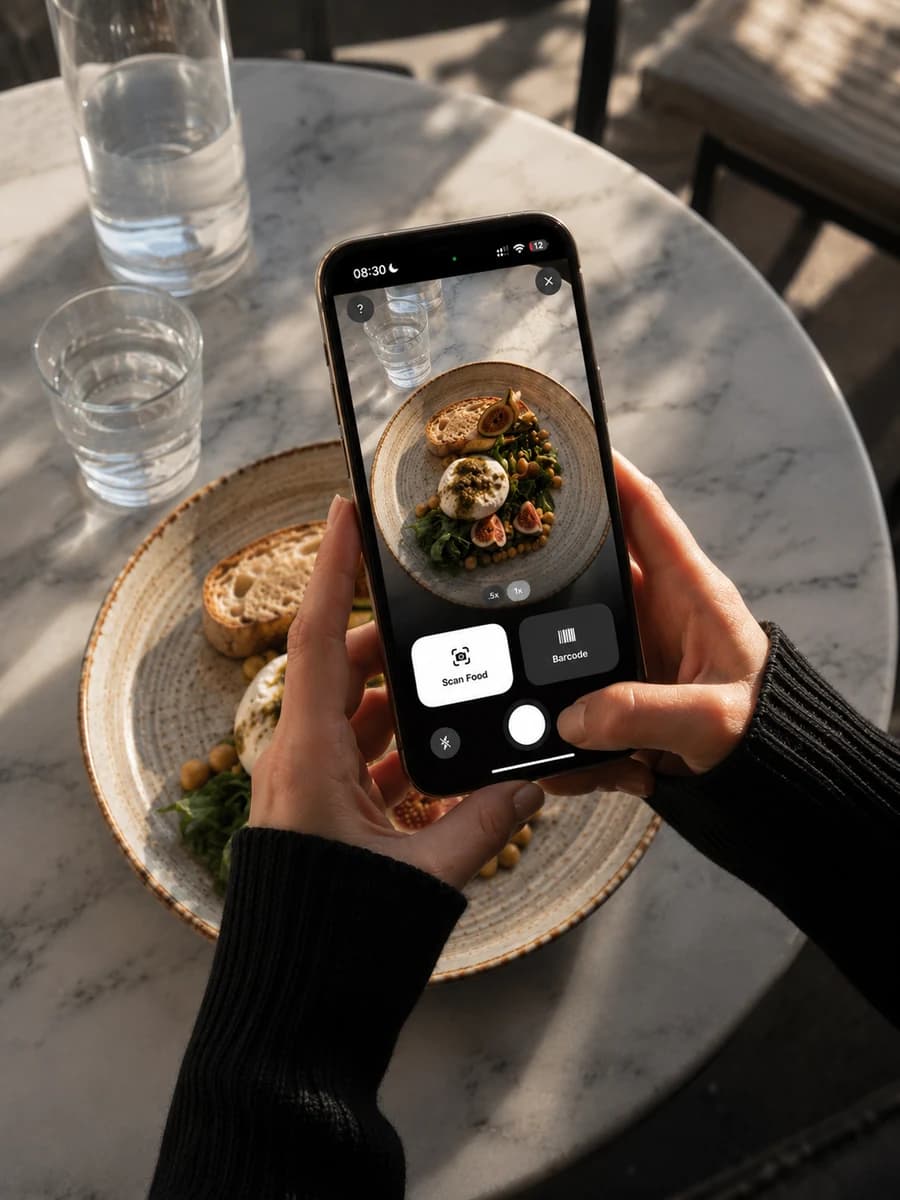 Hands holding an iPhone photographing a plate of food in Nevora's scan view, with Scan Food and Barcode options on screen